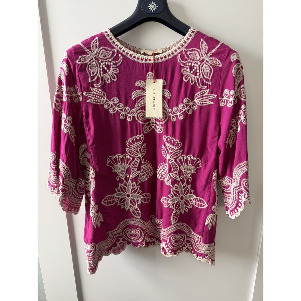 Solitaire Embroidered Shirt Top Small Fushia Pink Boho